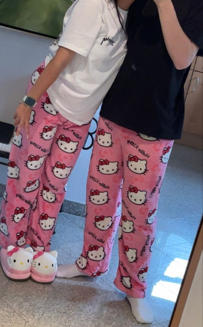 Pink hello kitty pajama pants (winter material)(خامة شتوية)