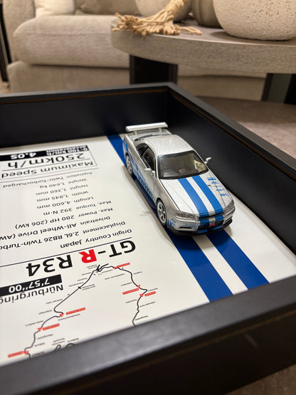 JDM Legend: Nissan Skyline GT-R R34 Framed Diecast Art – Nürburgring Edition – 32cm x 23cm