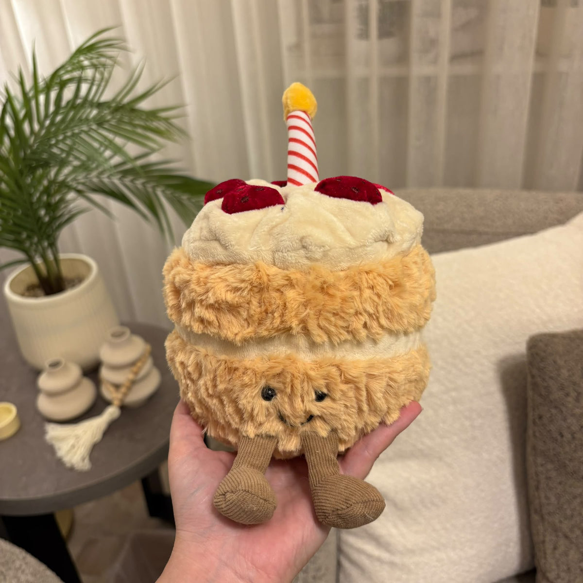 Birthday Cake Plush Toy – Soft Layered Celebration Cake Plushie with Candle