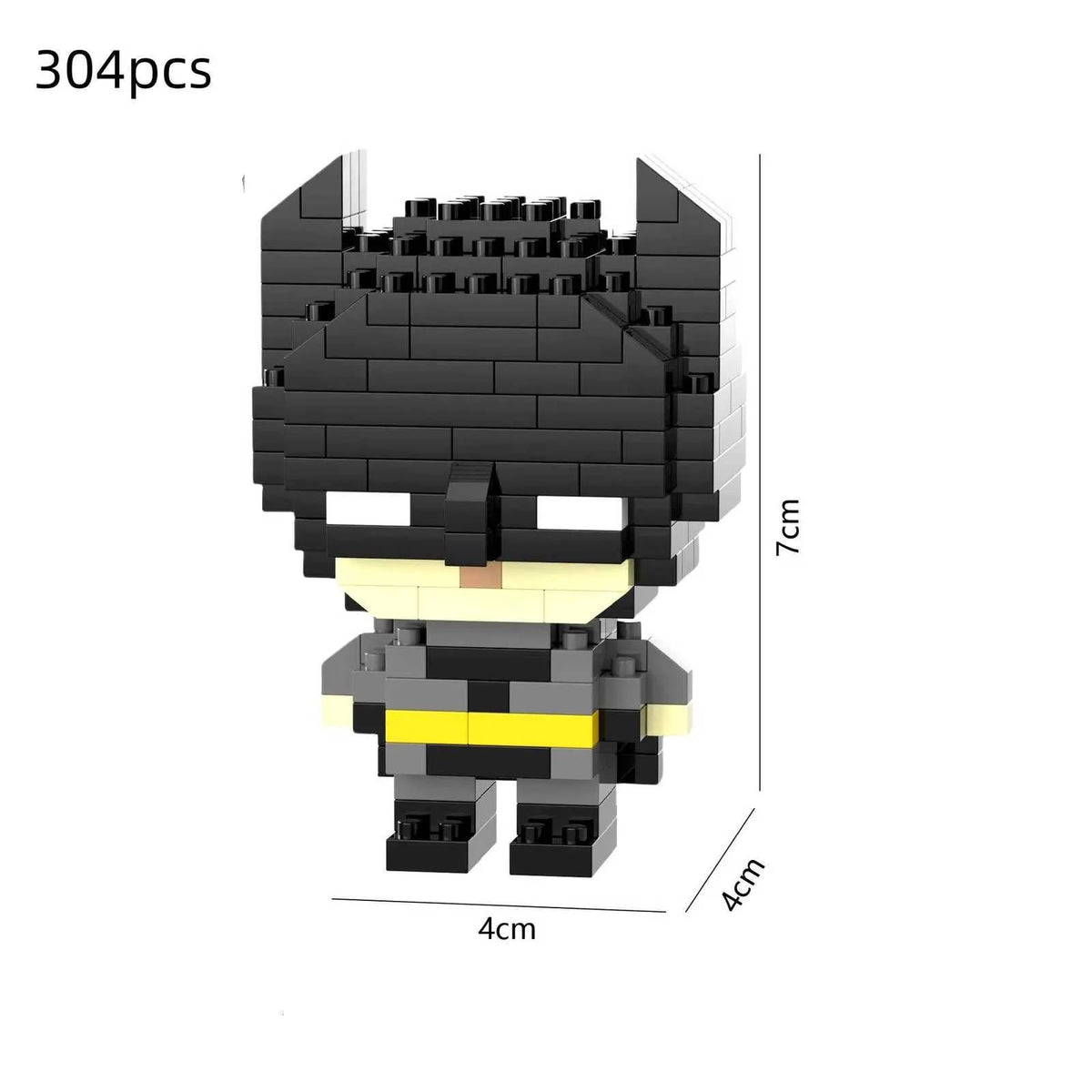 Chibi Batman building block figure back view showing 304 piece count and dimensions