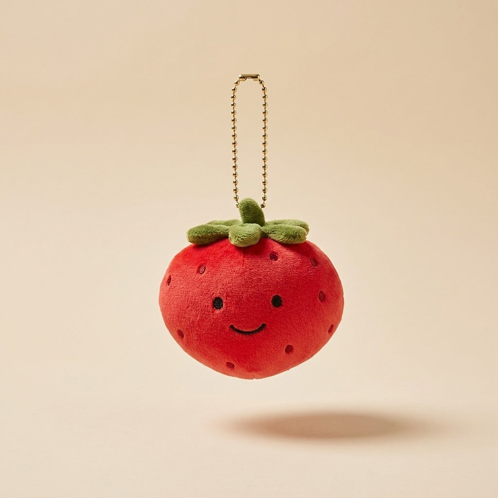 A cute red strawberry plush keychain with a smiling face and green leaves, suspended by a gold metal chain against a warm beige background.