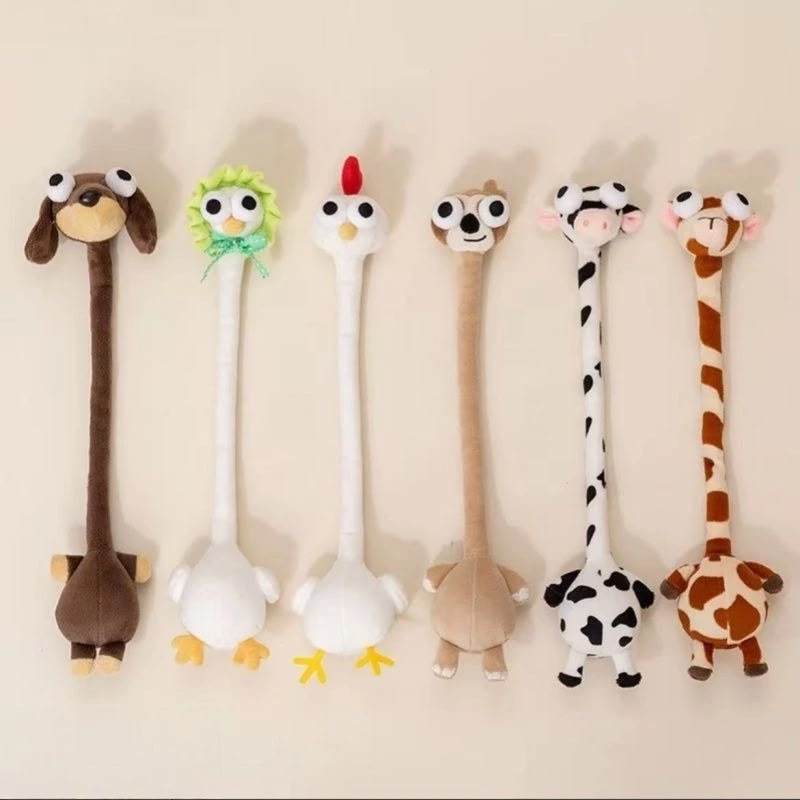 Six plush animal neck stretchers are lined up against a plain beige wall. From left to right, the designs include a brown dog, a white goose with yellow feet, a white chicken with a red comb, a tan bear, a black-and-white cow, and a brown-and-tan giraffe.