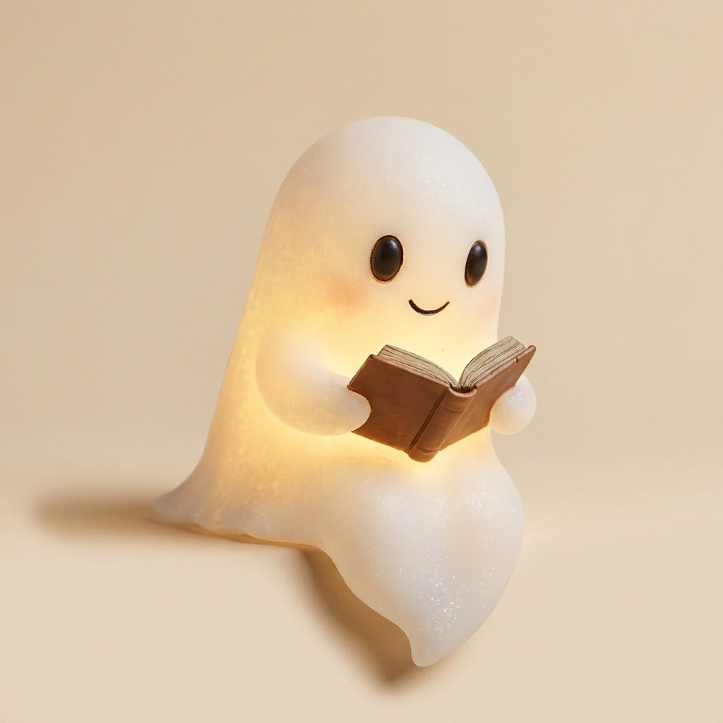 A 3D-printed silicone ghost reading lamp sitting on a shelf with a warm LED glow.
