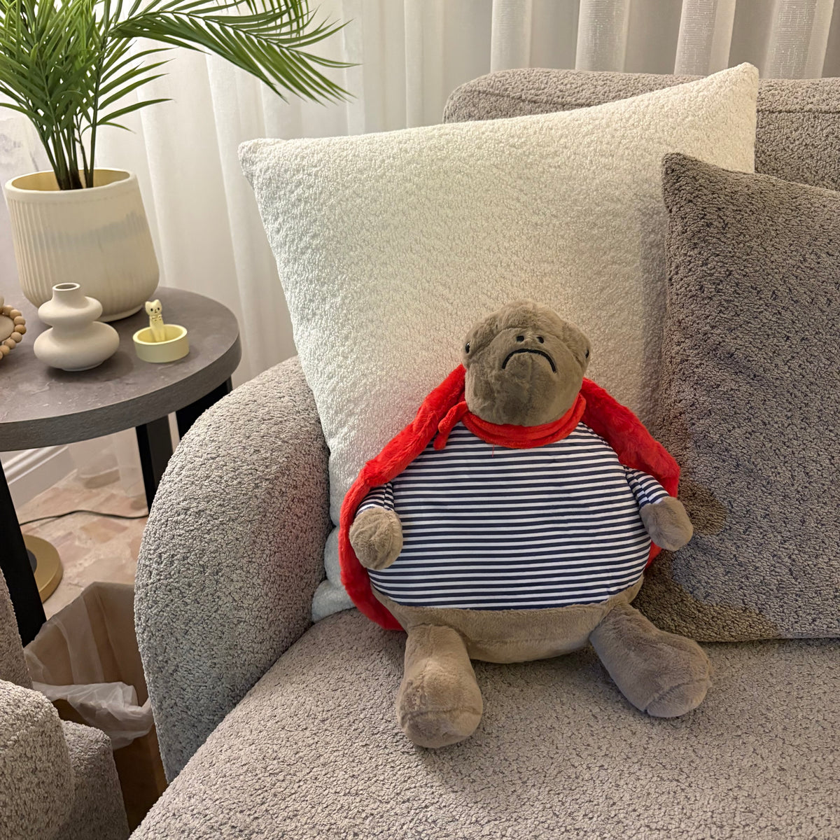 Grumpy Superhero Turtle Plush Toy – Striped Shirt & Red Cape
 - 30 cm