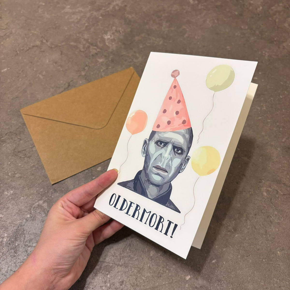 Harry Potter Birthday Card – Voldemort "Oldermort" Pun Greeting Card with Kraft Envelope