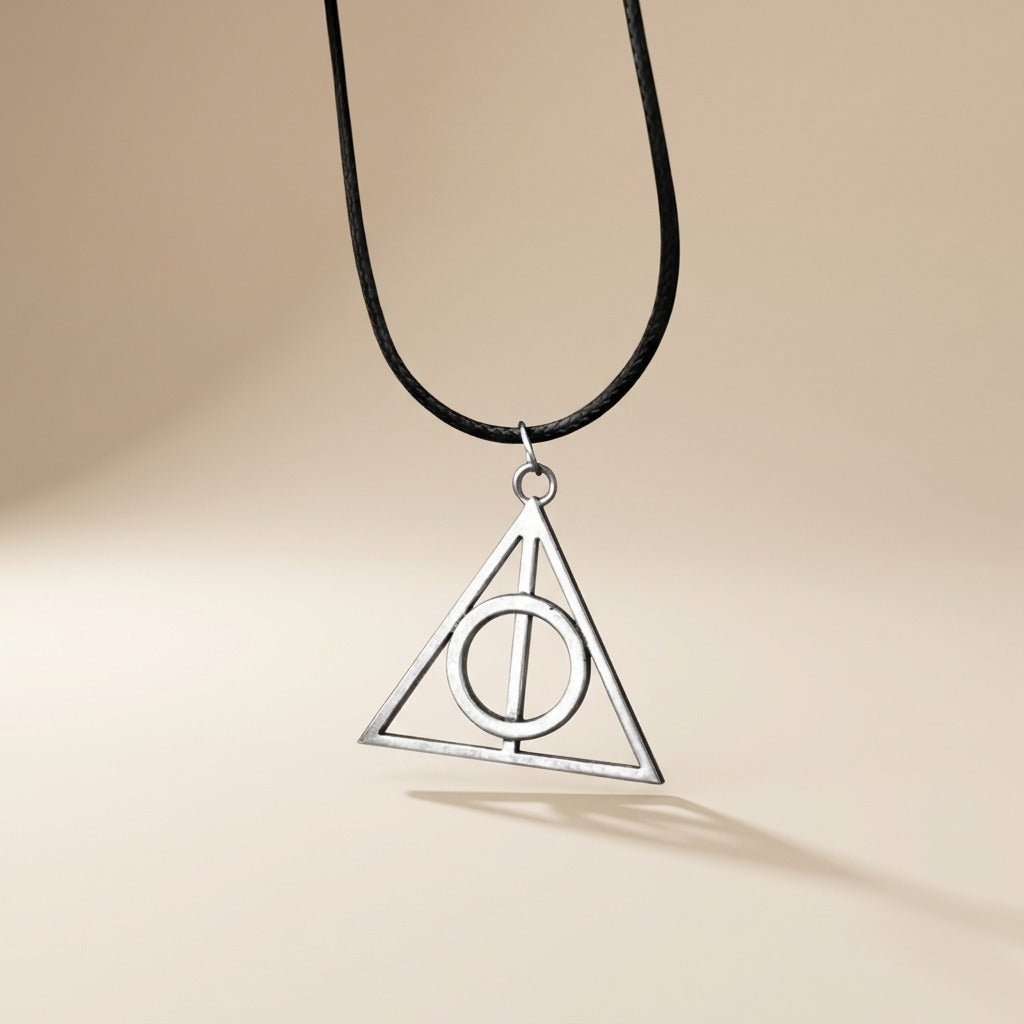 Harry Potter Deathly Hallows Pendant Necklace – Silver Symbol Pendant on Black Cord