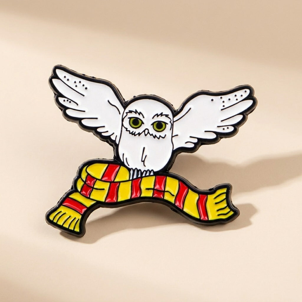 Harry Potter Hedwig Owl Enamel Pin – White Snowy Owl & Gryffindor Scarf Lapel Badge