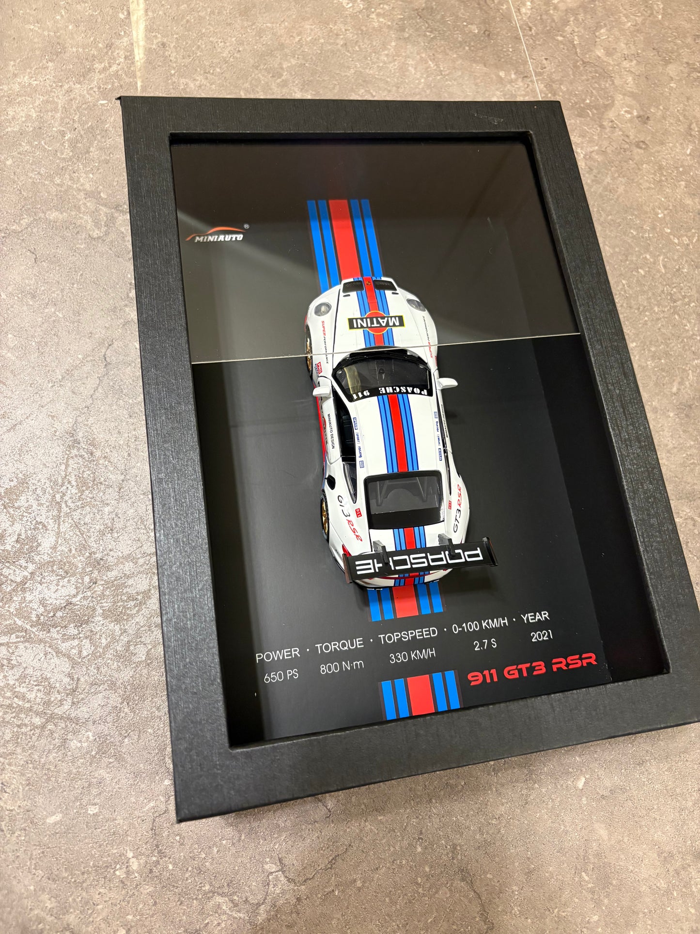 3D Car Frame Wall Art - Porsche 911 GT3 RSR with Specs – 32cm x 23cm