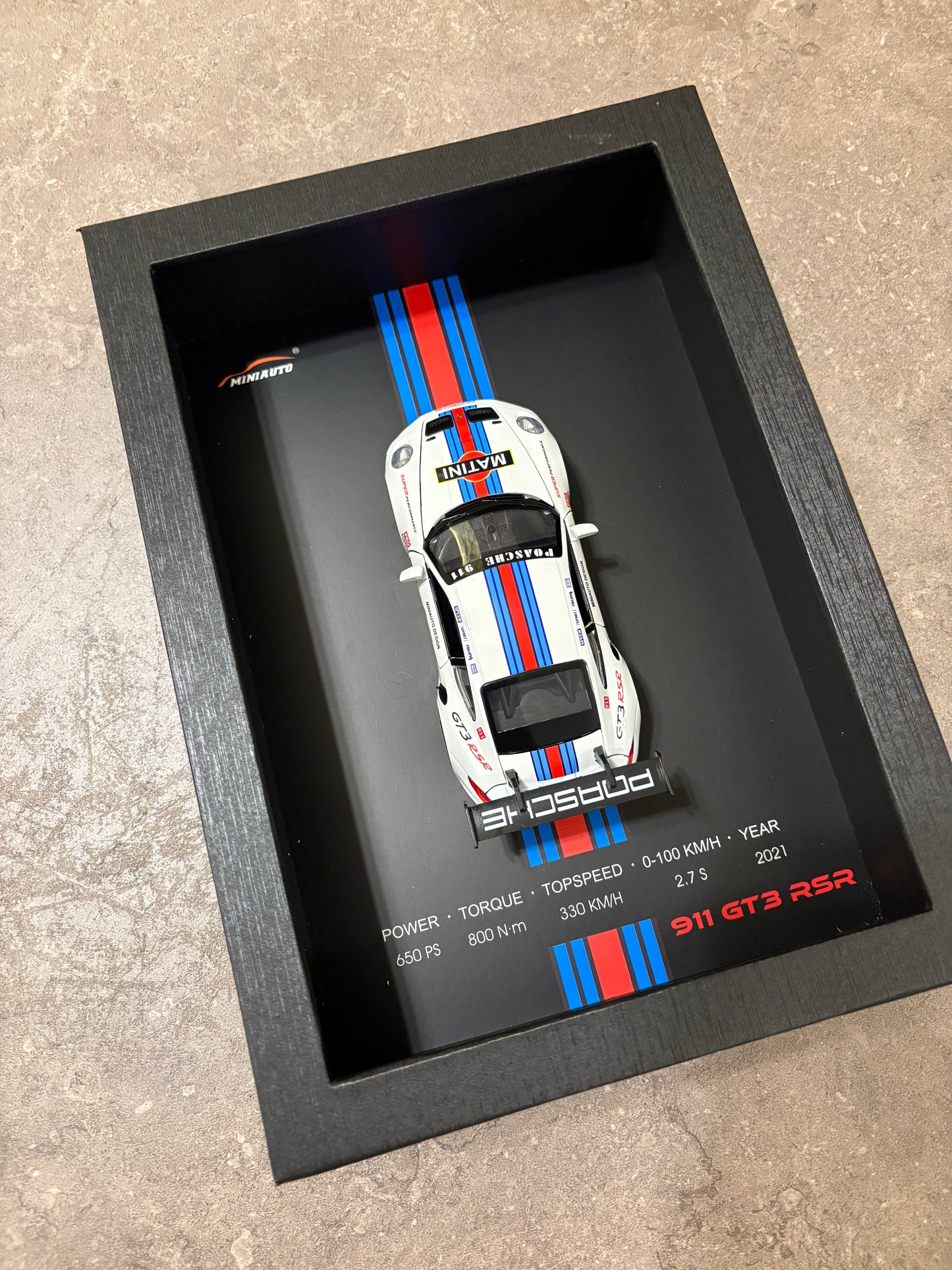 3D Car Frame Wall Art - Porsche 911 GT3 RSR with Specs – 32cm x 23cm