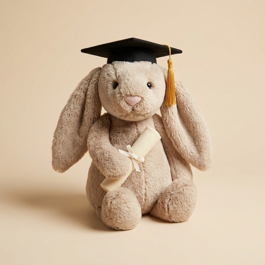 A 30 cm cute plush graduation bunny holding a degree and wearing a mortarboard cap.09