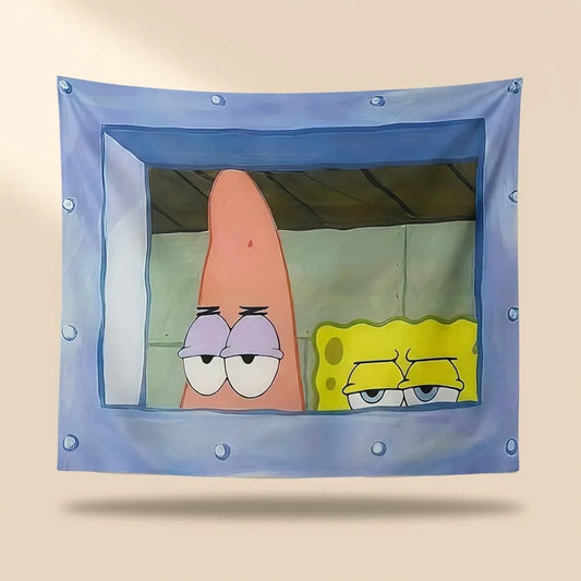 A square wall tapestry featuring Patrick Star and SpongeBob SquarePants looking out from inside their house, shown hanging on a beige wall with a drop shadow.