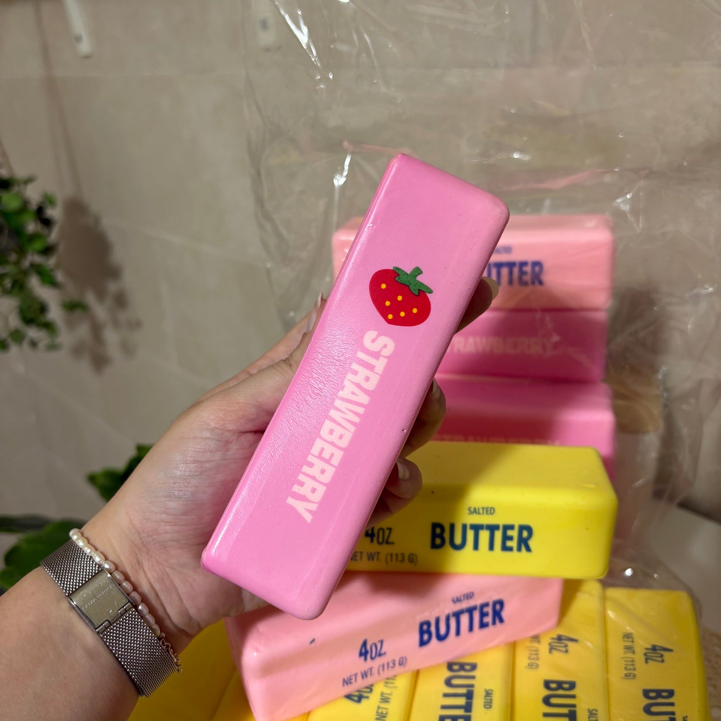 Squeeze & Stretch Butter Stick Stress Reliever Toy (Yellow & Strawberry Pink)