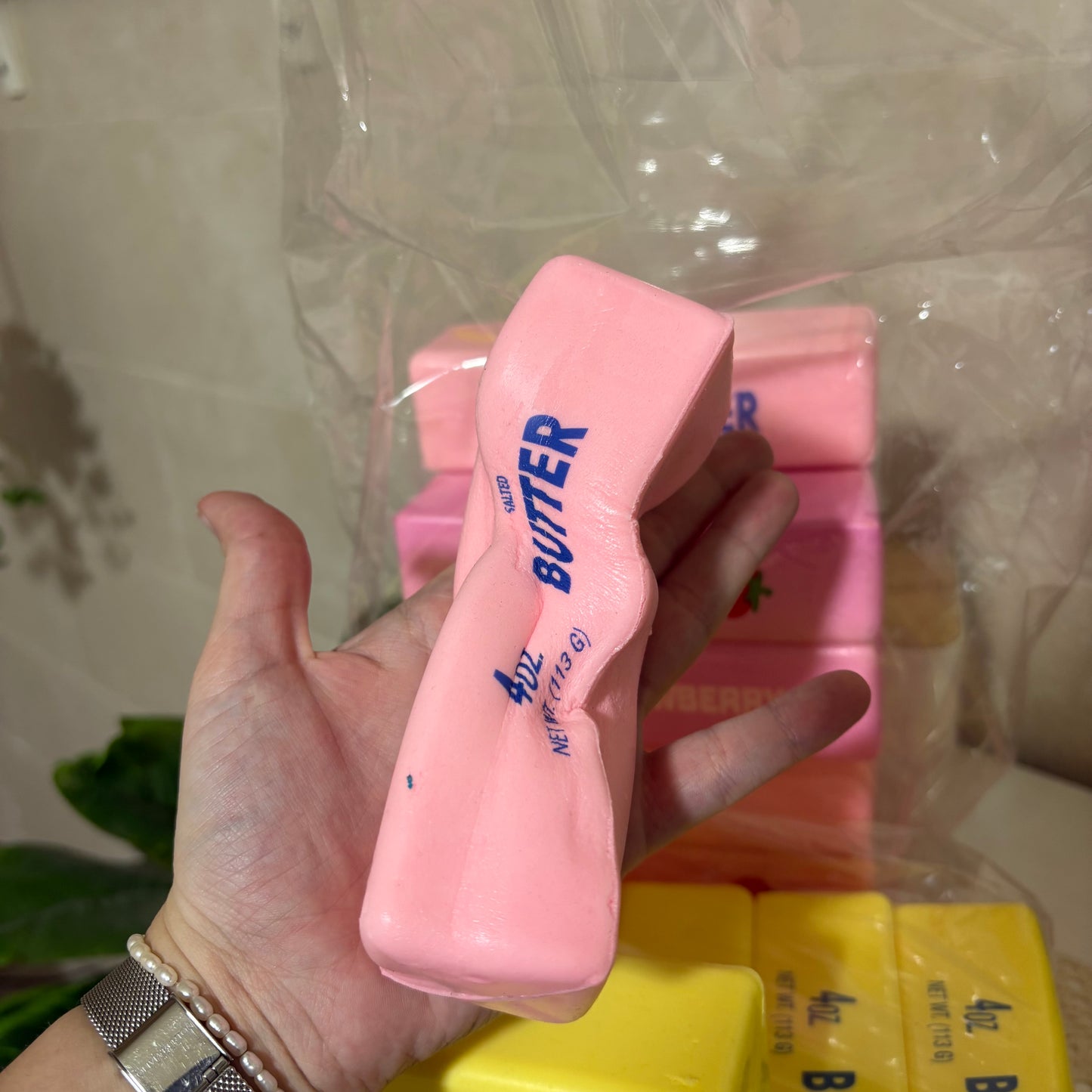 Squeeze & Stretch Butter Stick Stress Reliever Toy (Yellow & Strawberry Pink)