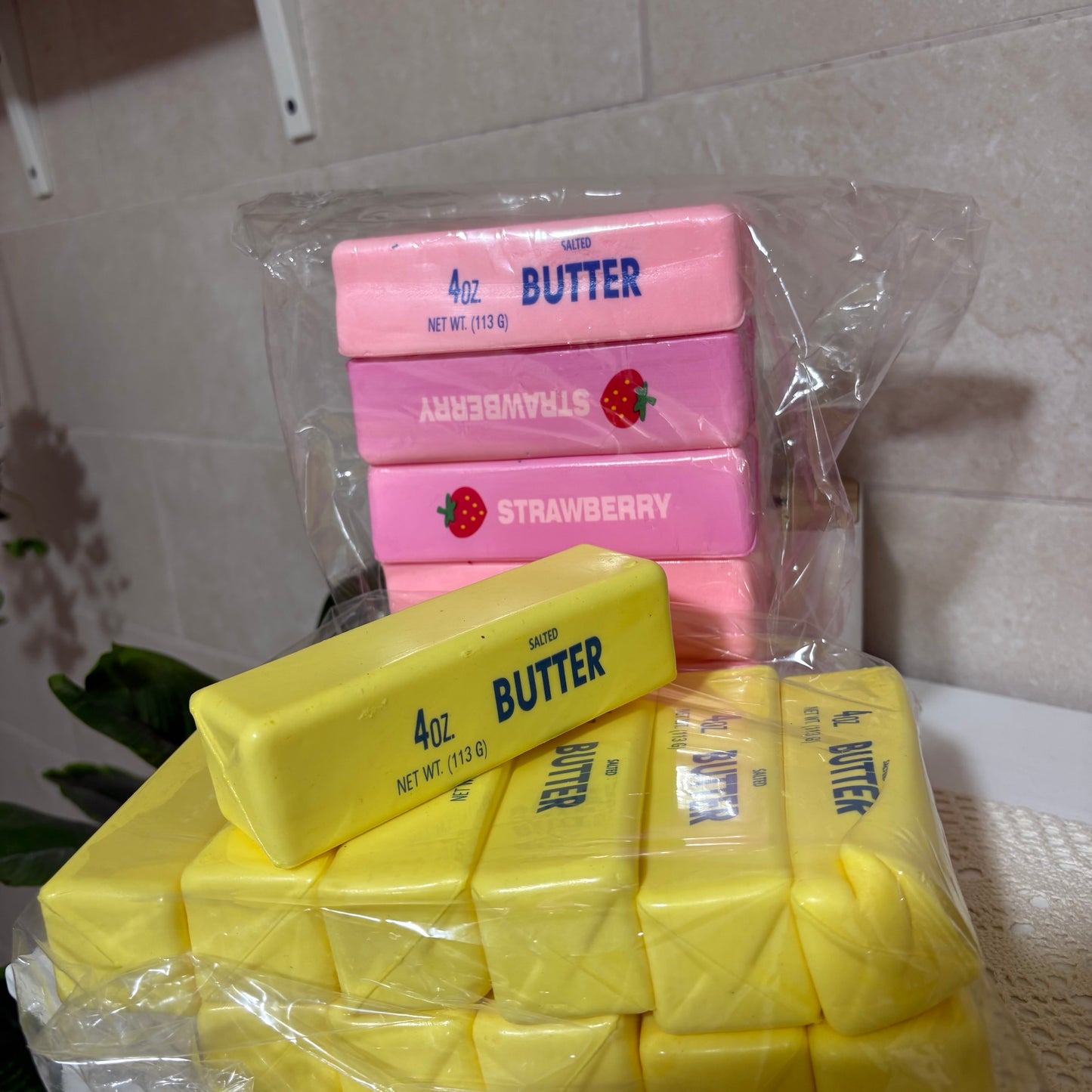 Squeeze & Stretch Butter Stick Stress Reliever Toy (Yellow & Strawberry Pink)