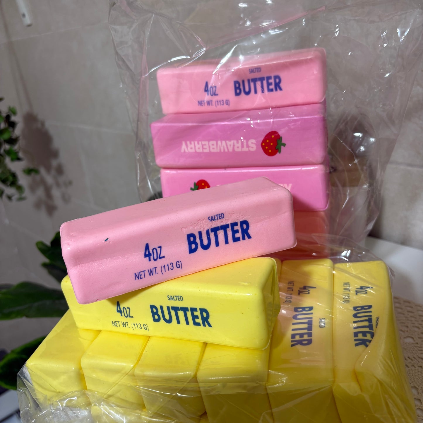 Squeeze & Stretch Butter Stick Stress Reliever Toy (Yellow & Strawberry Pink)