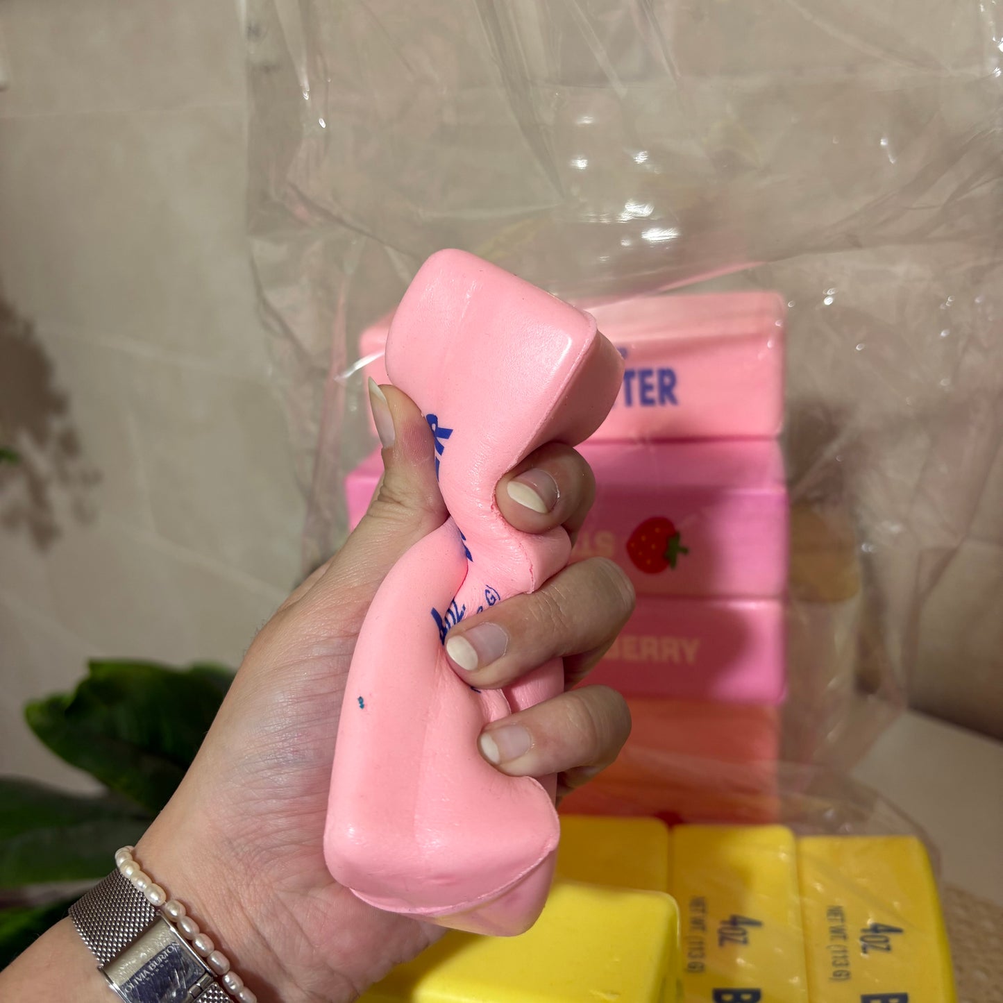 Squeeze & Stretch Butter Stick Stress Reliever Toy (Yellow & Strawberry Pink)