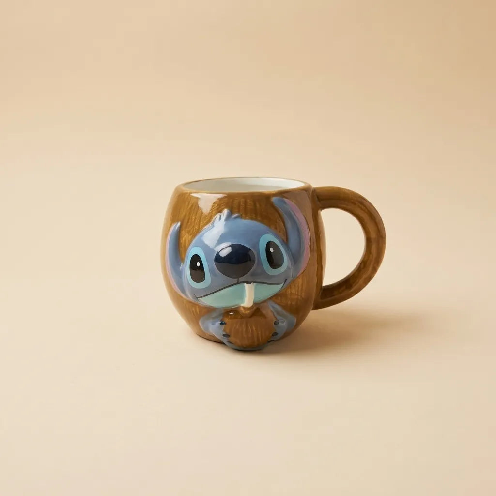 A ceramic coffee mug featuring a 3D sculpted character resembling Stitch, painted in blue and brown, holding a small brown object, set against a solid beige background.
