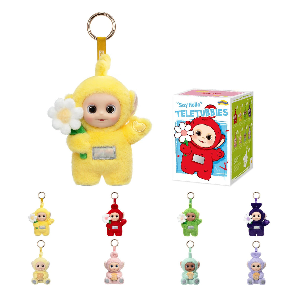 Set of Teletubbies plush toys with keychains and packaging on a white background