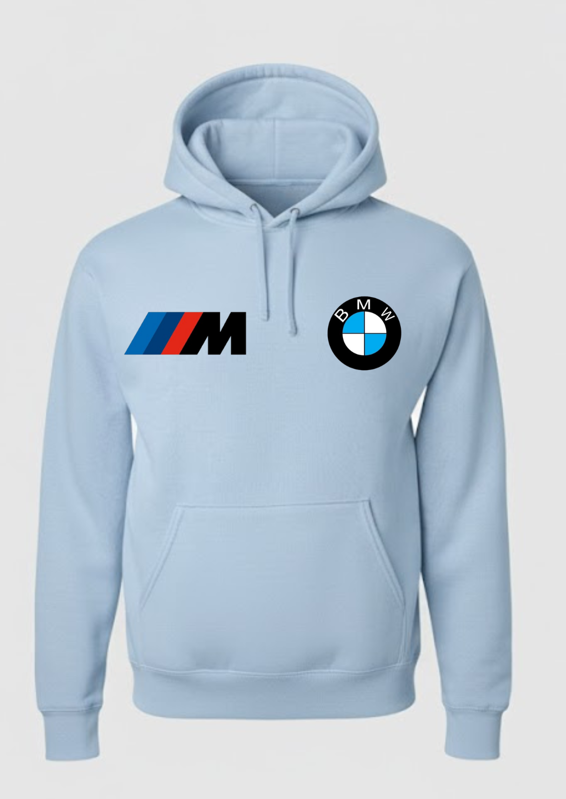 Light blue hoodie with BMW logos on a gray background