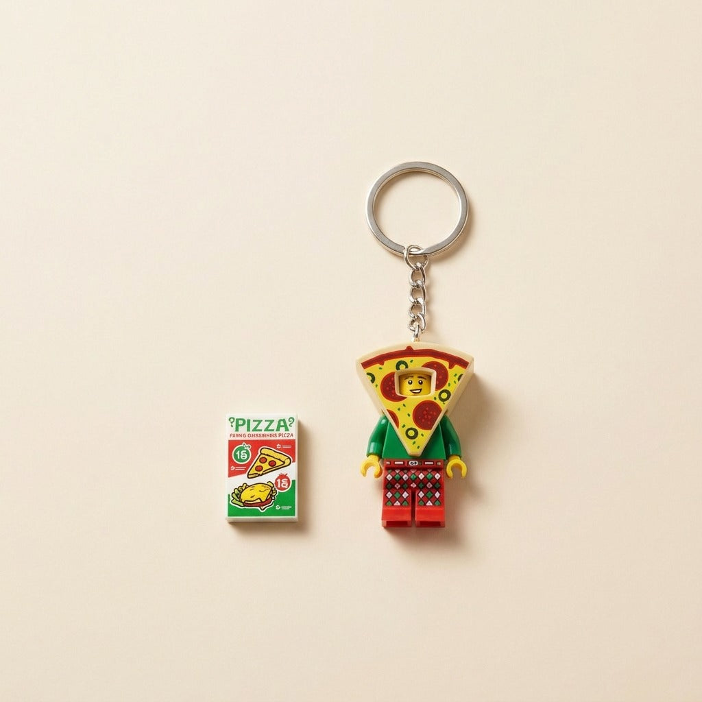 Pizza Suit Mini Figure Keychain – Novelty Pizza Costume Guy Keyring & Mini Pizza Box Set