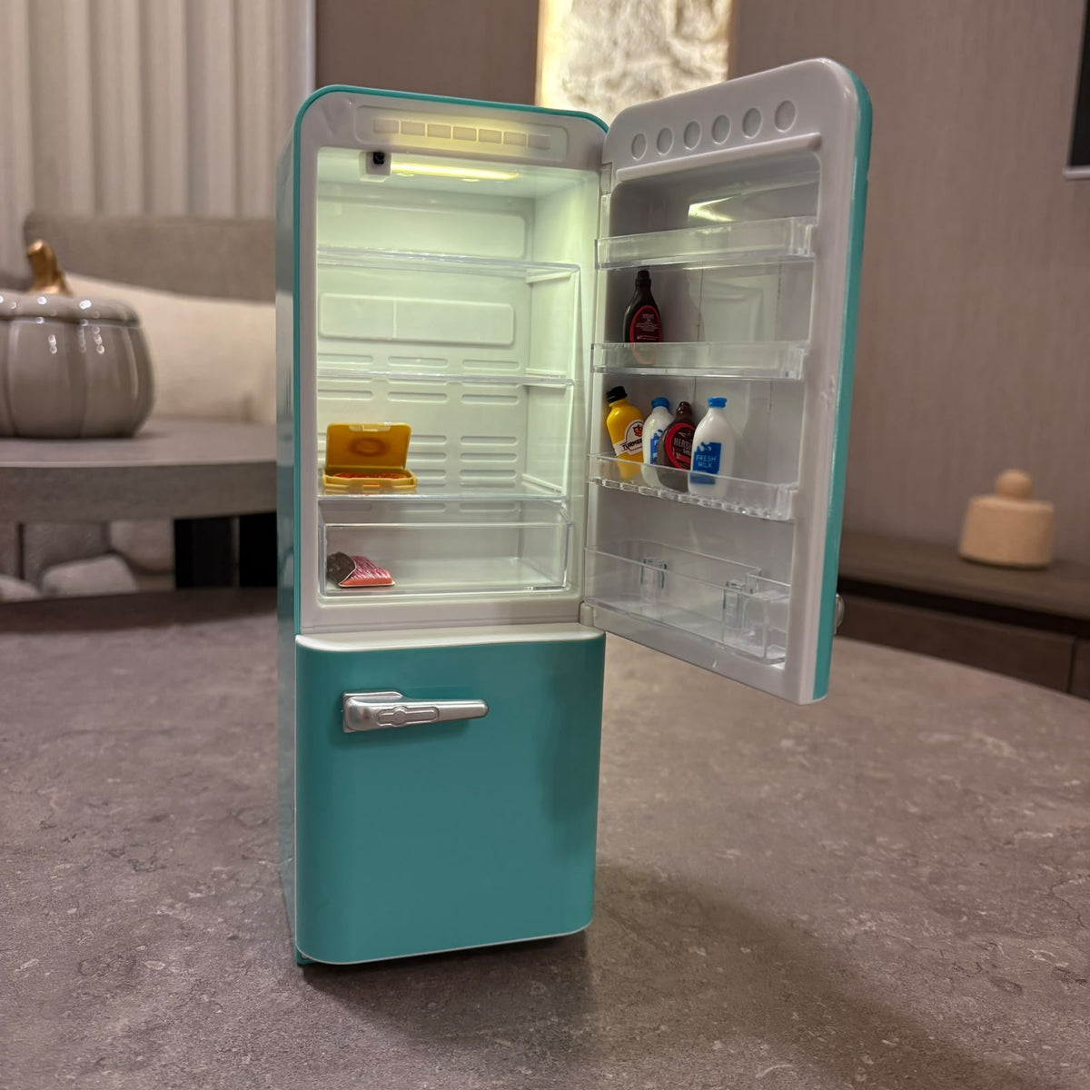 Miniature Light-Up Fridge & Food Figurine Ball Set