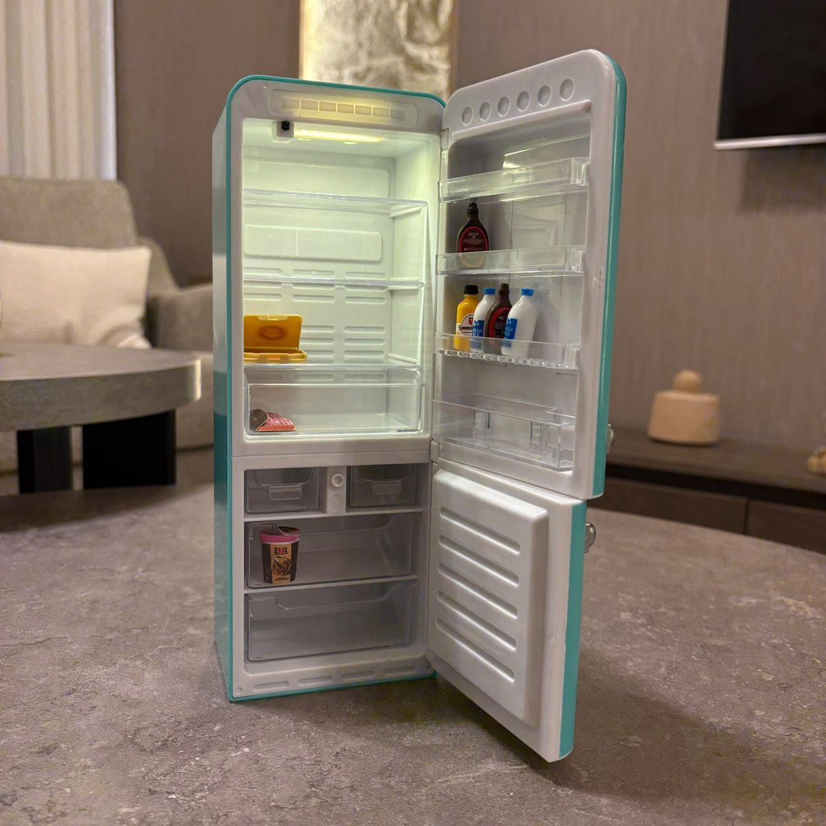 Miniature Light-Up Fridge & Food Figurine Ball Set