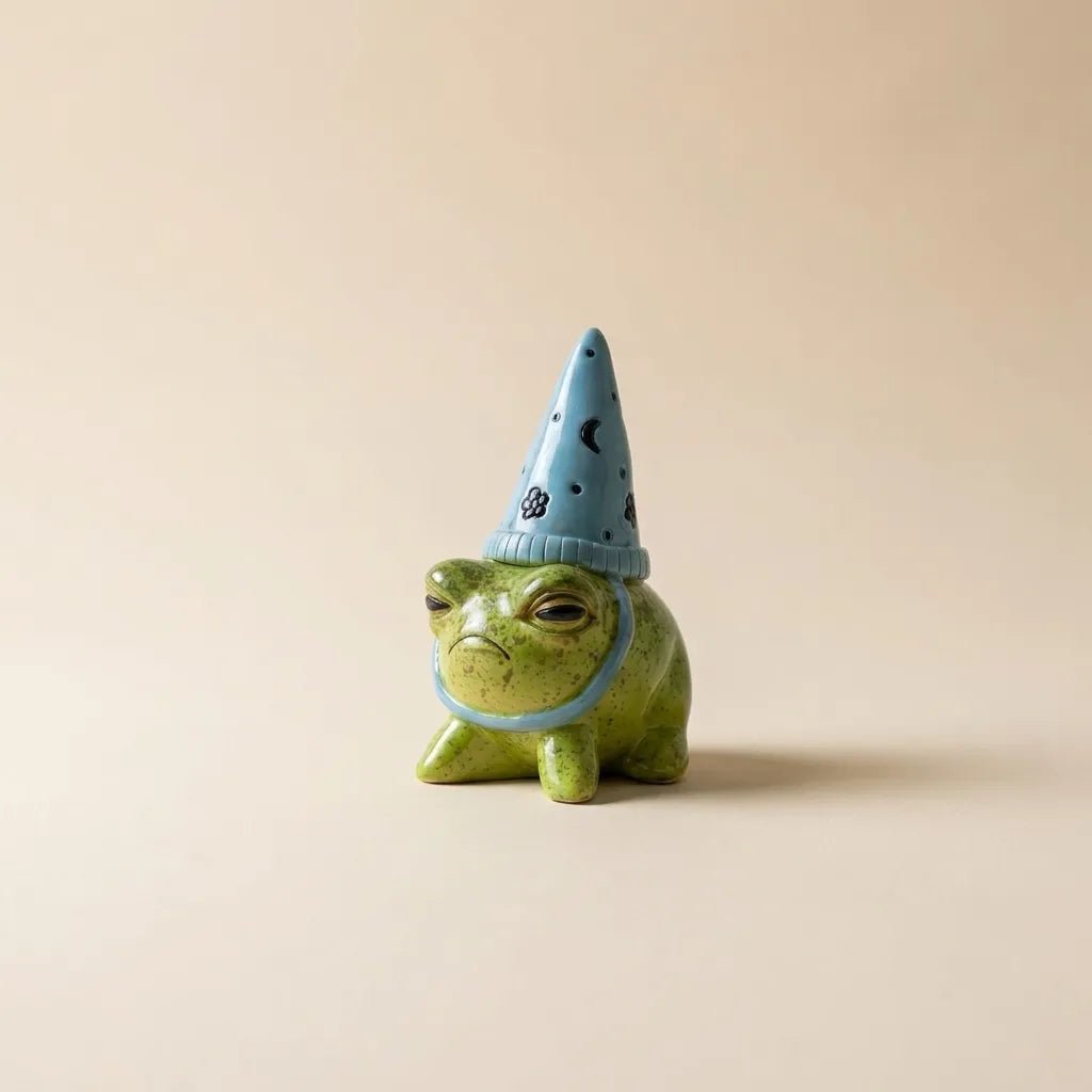 Grumpy Ceramic Frog with Wizard Hat Figurine - Pinky Promise