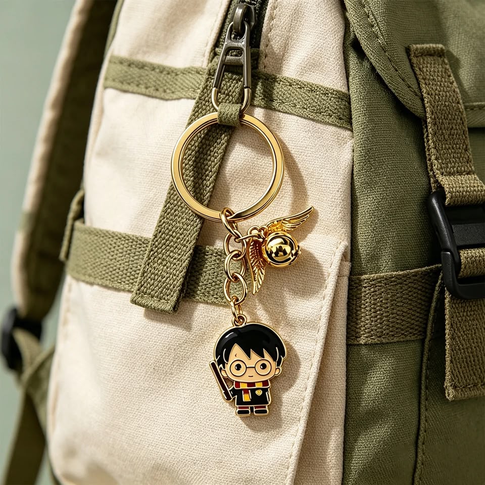 Keychain with a character charm and golden snitch on a backpack