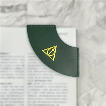 Harry Potter Leather Corner Bookmark – Green & Gold Deathly Hallows Book Marker | Pinky Promise