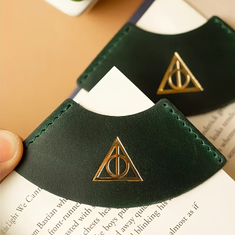 Harry Potter Leather Corner Bookmark – Green & Gold Deathly Hallows Book Marker - Close Up | Pinky Promise