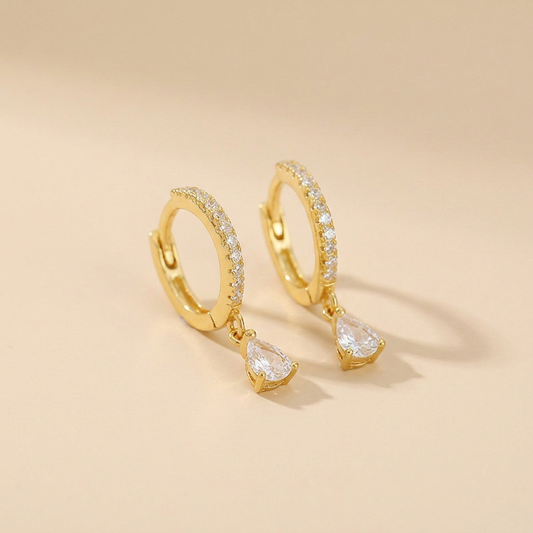 Pavé Huggie Hoop Earrings with Teardrop Charm - Gold Plated 925 Sterling Silver