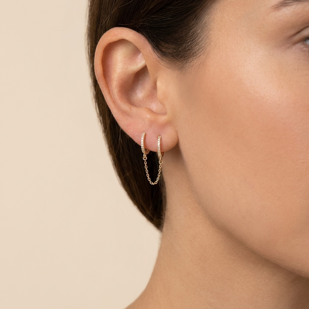 Chain Linked Double Huggie Hoop Earrings - Gold Plated 925 Sterling Silver