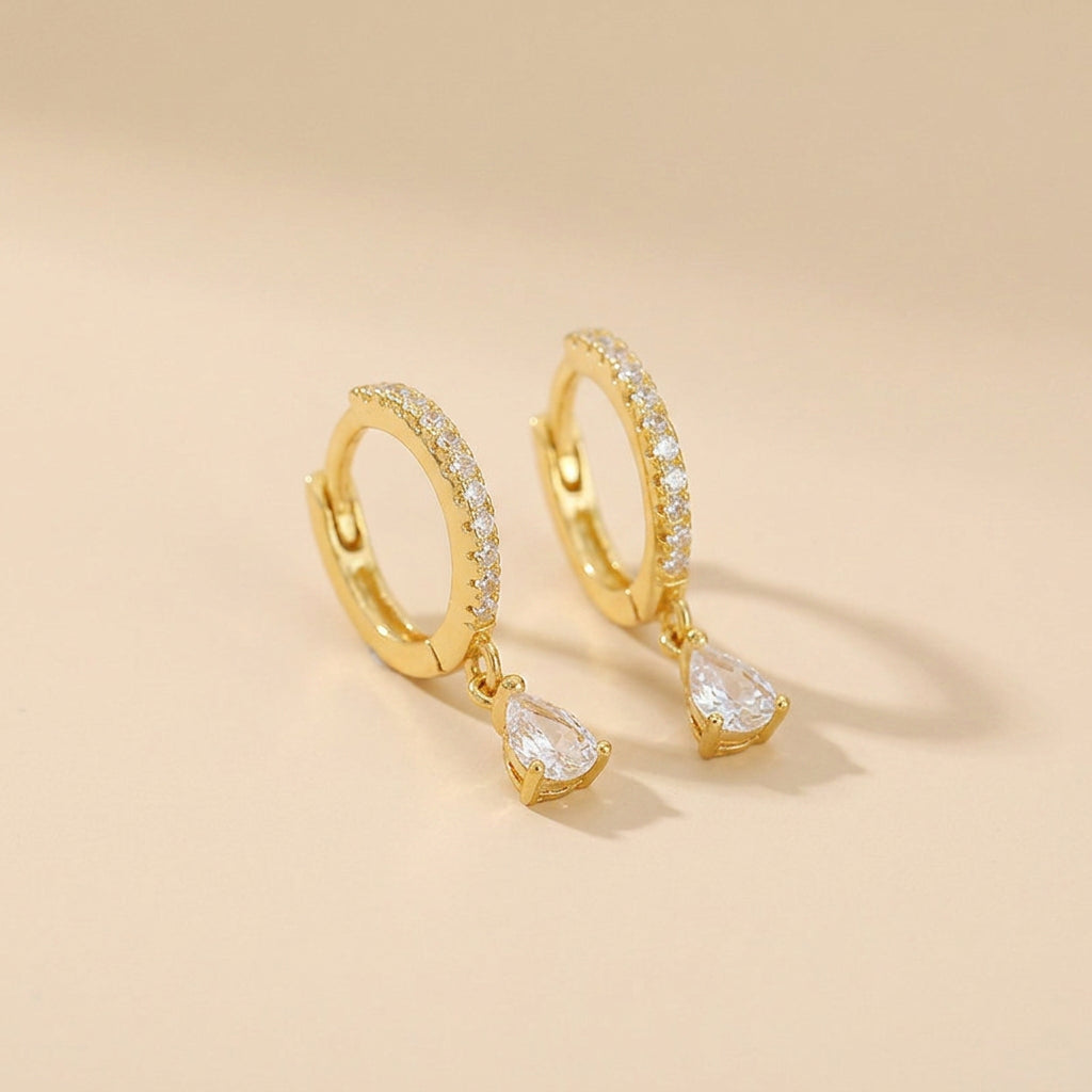 Buy Pavé Huggie Hoop Earrings with Teardrop Charm - Gold Plated 925 Sterling Silver at Pinky Promise