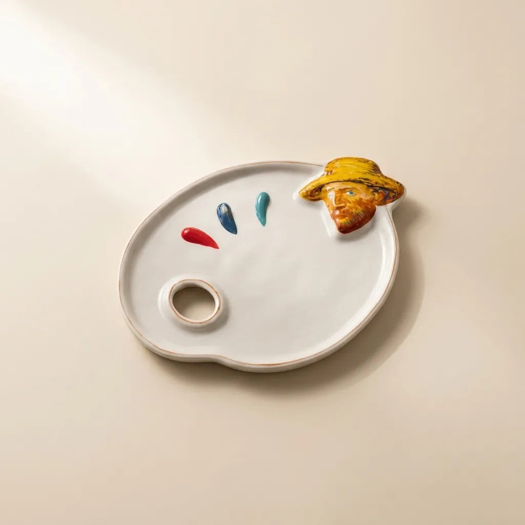A white ceramic artist's palette-shaped tray with a small ring well, three paint-drip details in red, blue, and teal, and a sculpted figure of a painter wearing a yellow hat resting on the upper right edge, set against a warm beige background.